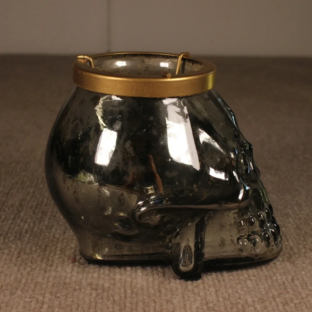 Mercury Glass Skull Tea Light Candle Holder Smoked Silver Gold Rim Gothic Decor